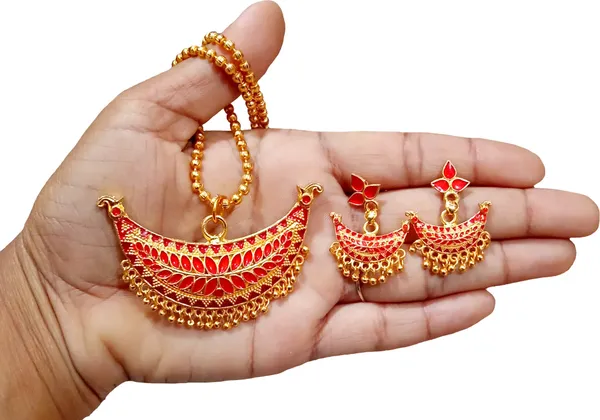 Assamese_Traditional_Gold_Plated_Red_Colour_Joonbiri_Chain_Jewellery_Set_For_Women